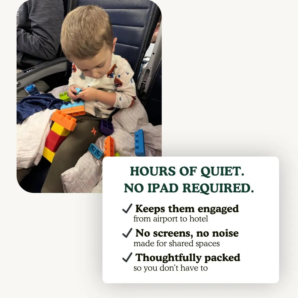 hours of quiet, no ipad required, no noise toys, ready and packed