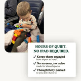 hours of quiet, no ipad required, no noise toys, ready and packed