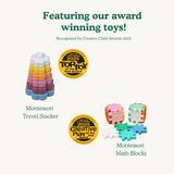 Image showing Montessori Travel Stacker and Montessori Math Blocks — award-winning toys recognized by Creative Child Awards 2025.